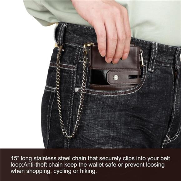 Mens Wallets with Chain Genuine Leather Coffee - Picture 2 of 5